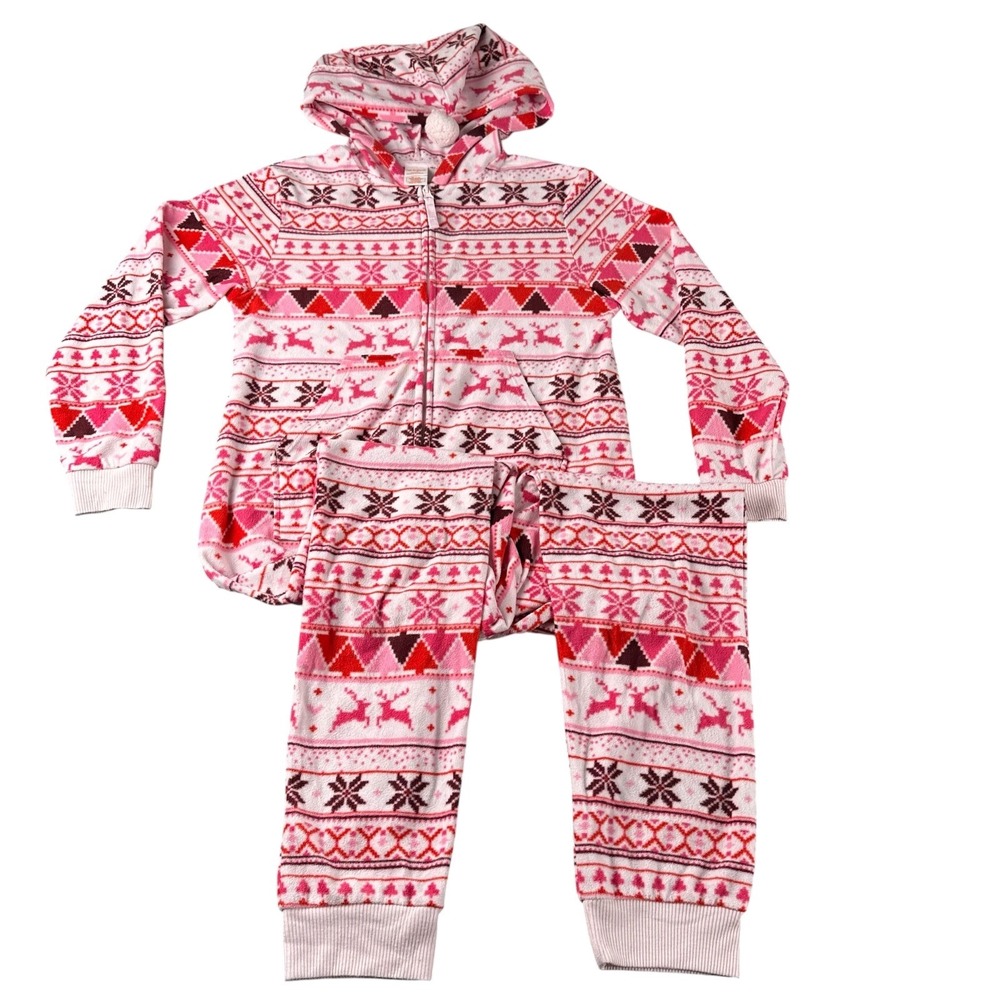 Cat & Jack Girls XL 14 Pink Fair Isle Reindeer Fleece Hooded Union Suit Pajamas